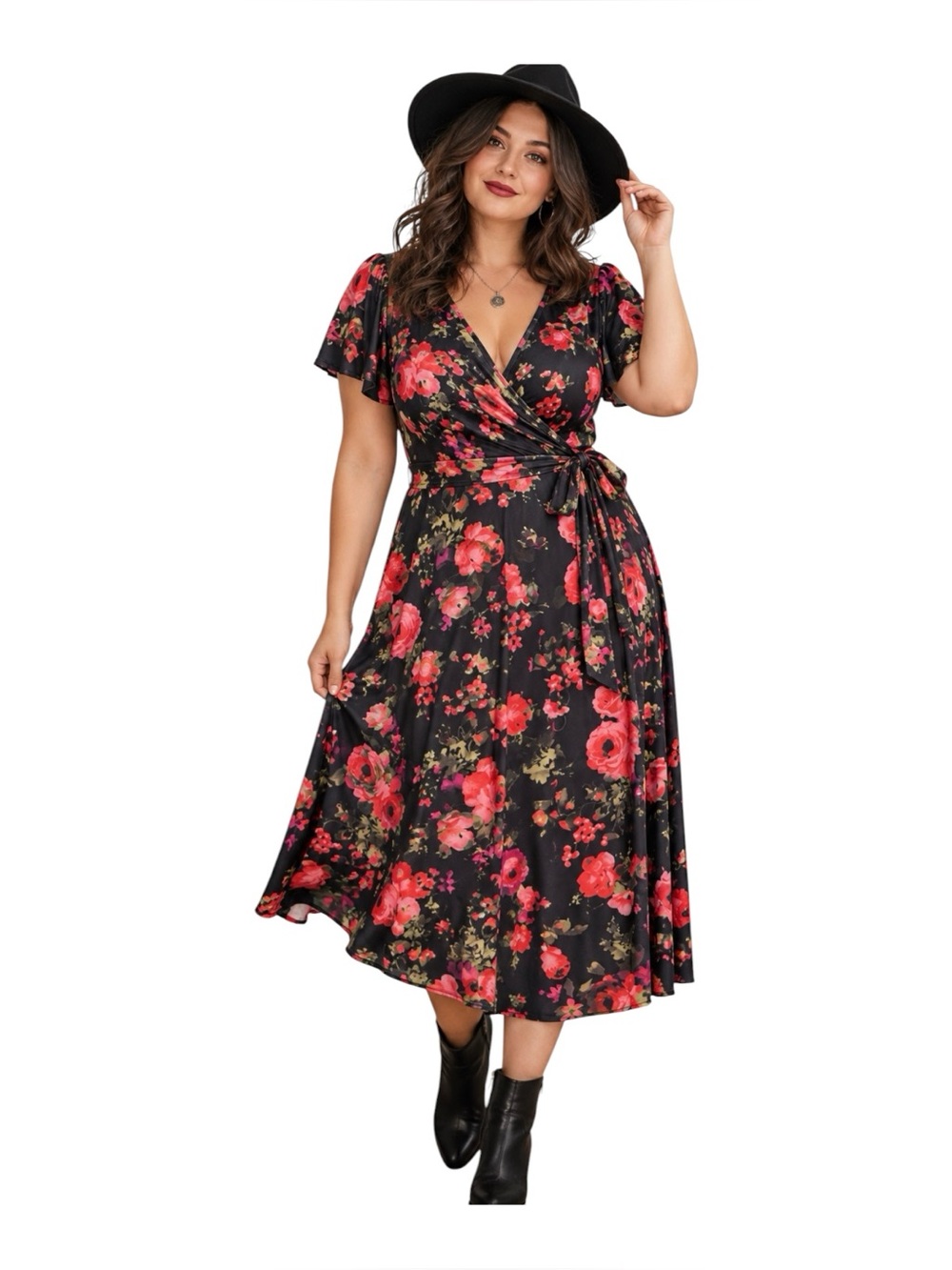 Unique Vintage Floral Wrap Midi Dress Black Red 1X/16 V-Neck Tie Stretch Knit
